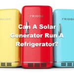 image of three colored refrigerators with text overlay that says can a solar generator run a refrigerator?