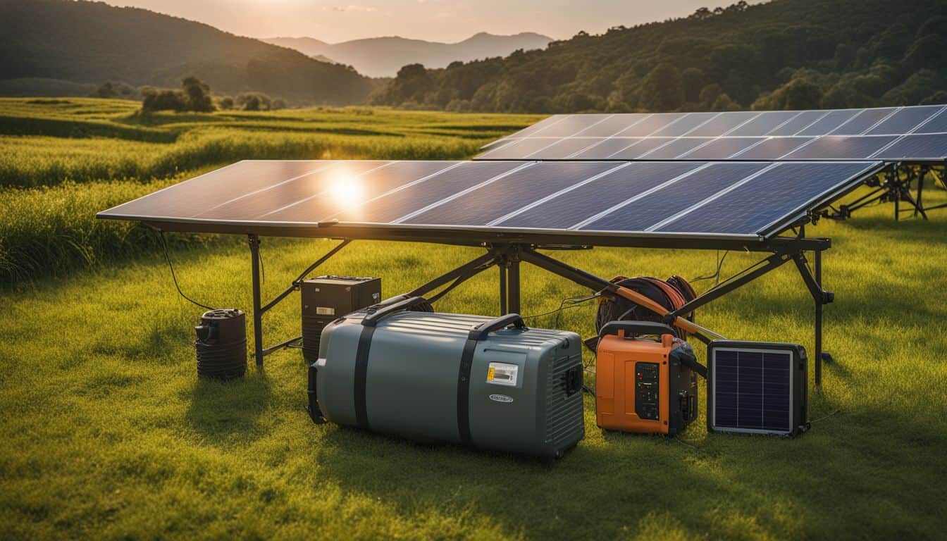 The photo shows a solar panel setup with traditional generator equipment.