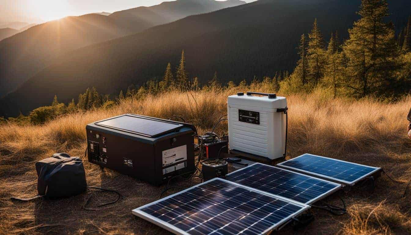 A solar generator setup in a remote off-grid location surrounded by wilderness.