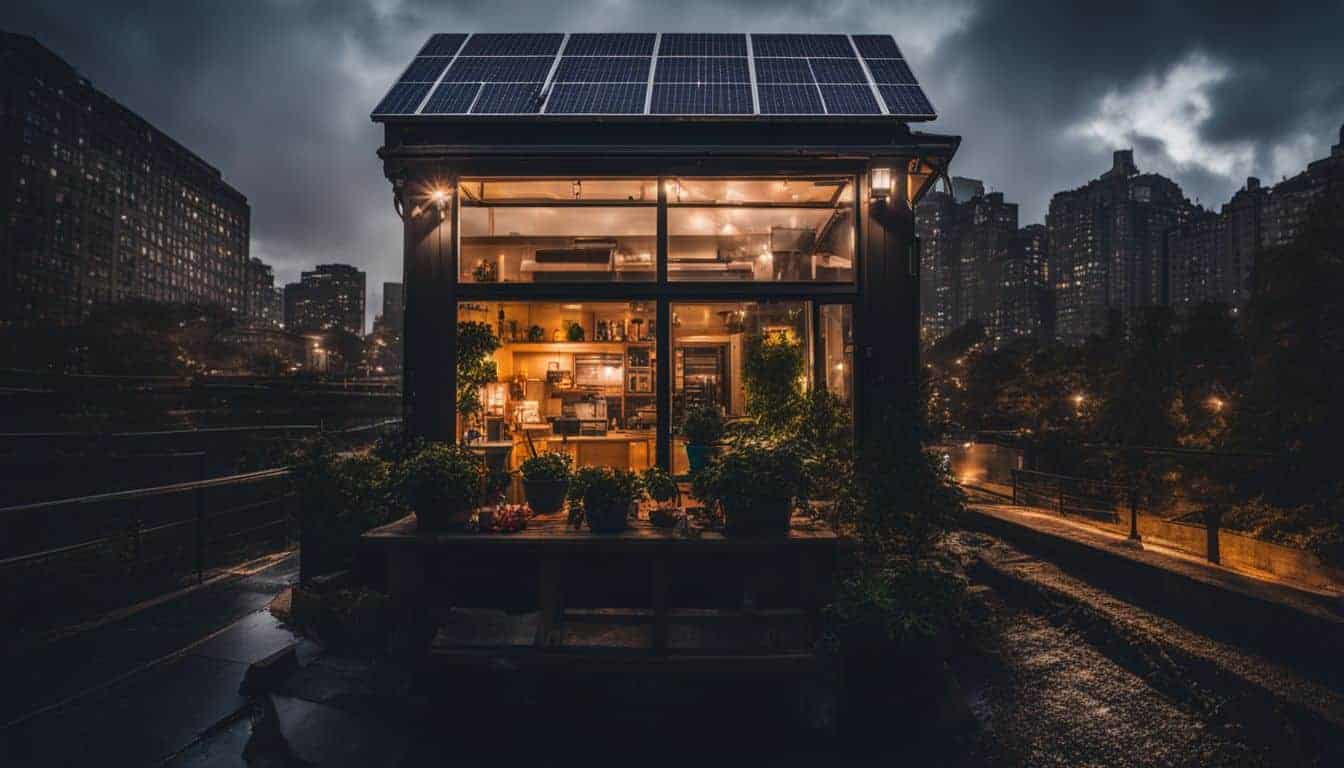 A solar generator illuminates a stormy cityscape at night.