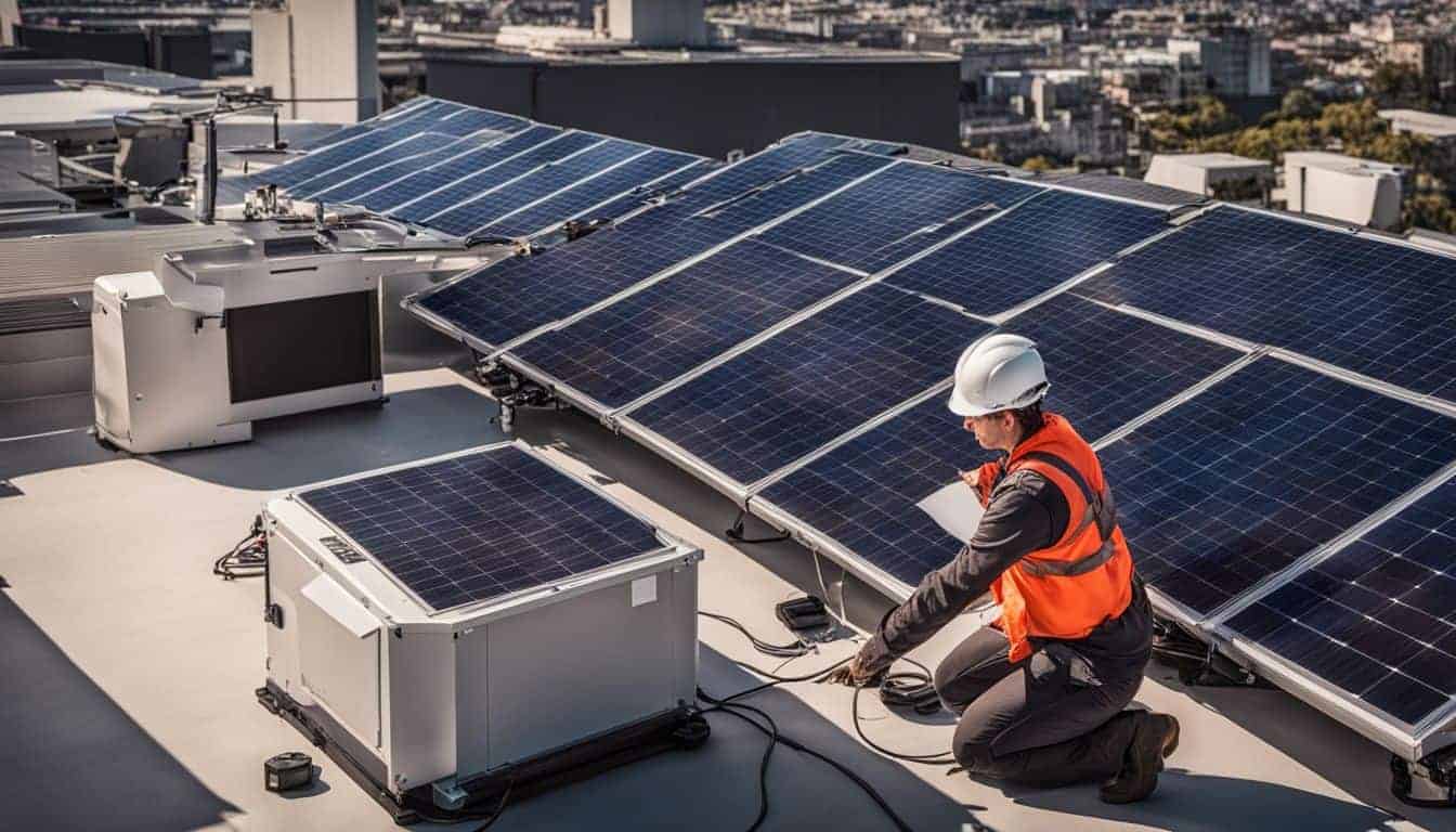 A technician installs a solar panel system on a rooftop.