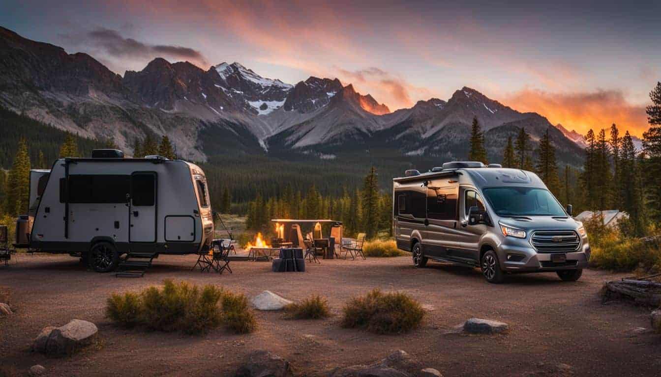 A well-equipped RV parked in a scenic campground with solar panels.