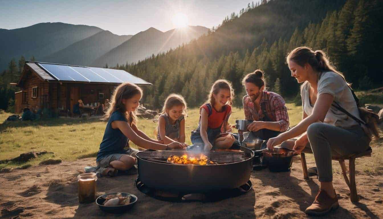 A family using a solar-powered stove to cook dinner in a rural off-grid environment.