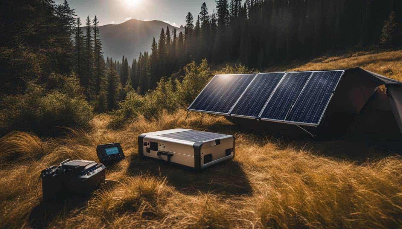 A solar generator set up in a remote wilderness with natural lighting.