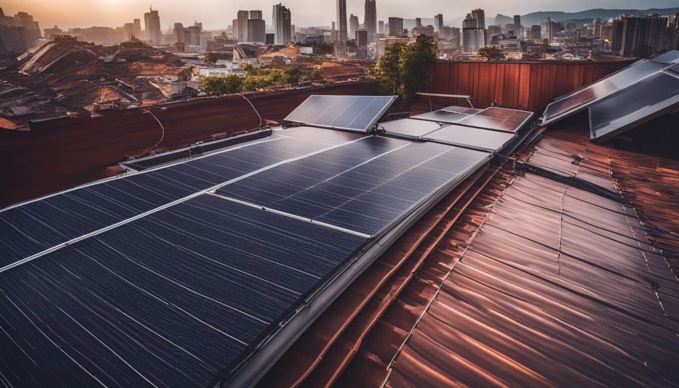 Solar heating panel installation on modern rooftop in a bustling city.