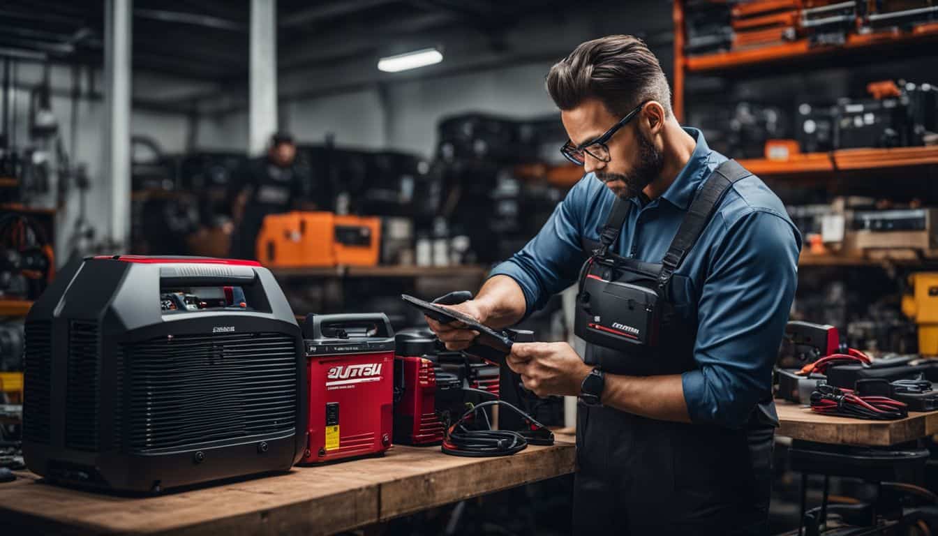 A technician inspecting a portable generator in a workshop.