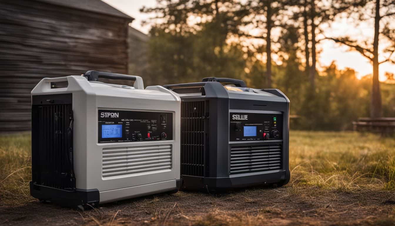 A side-by-side comparison of gasoline, diesel, and solar generators outdoors.