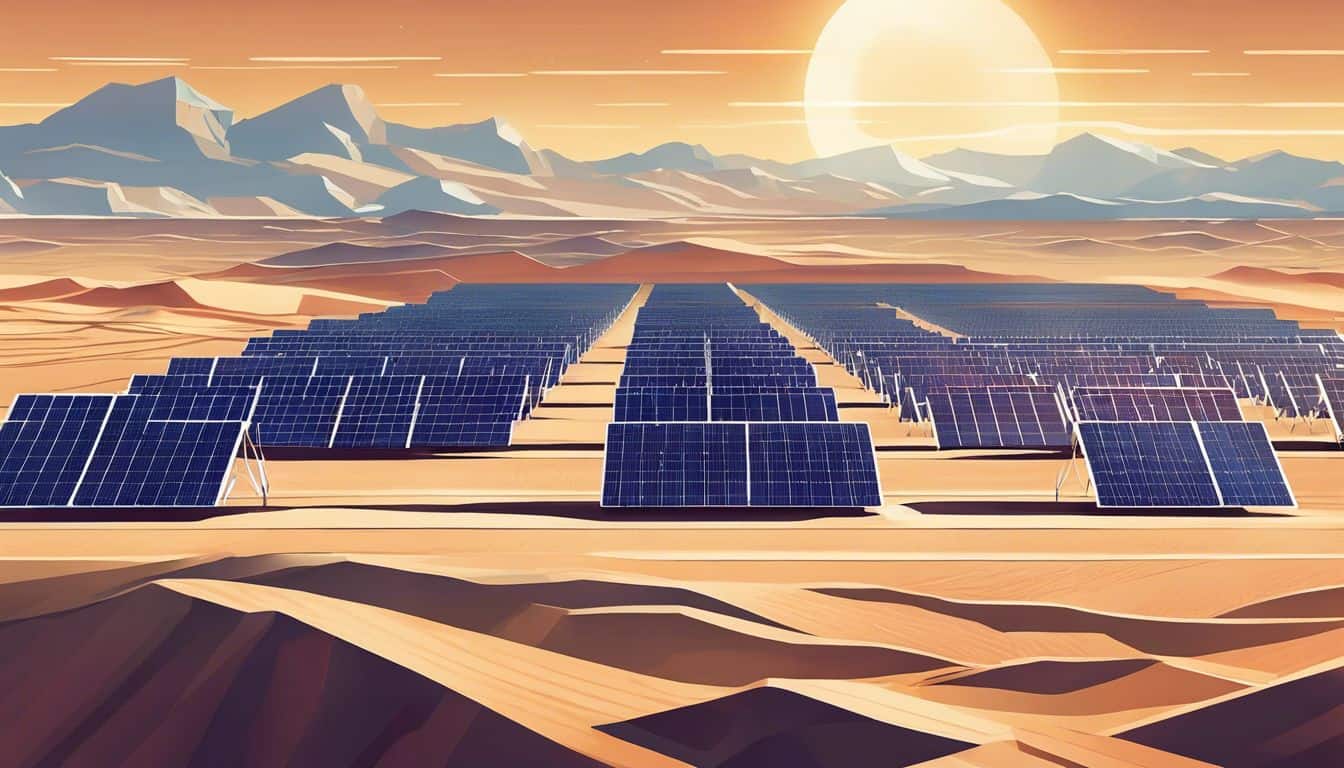 A solar power plant with rows of mirrored panels in a desert environment.