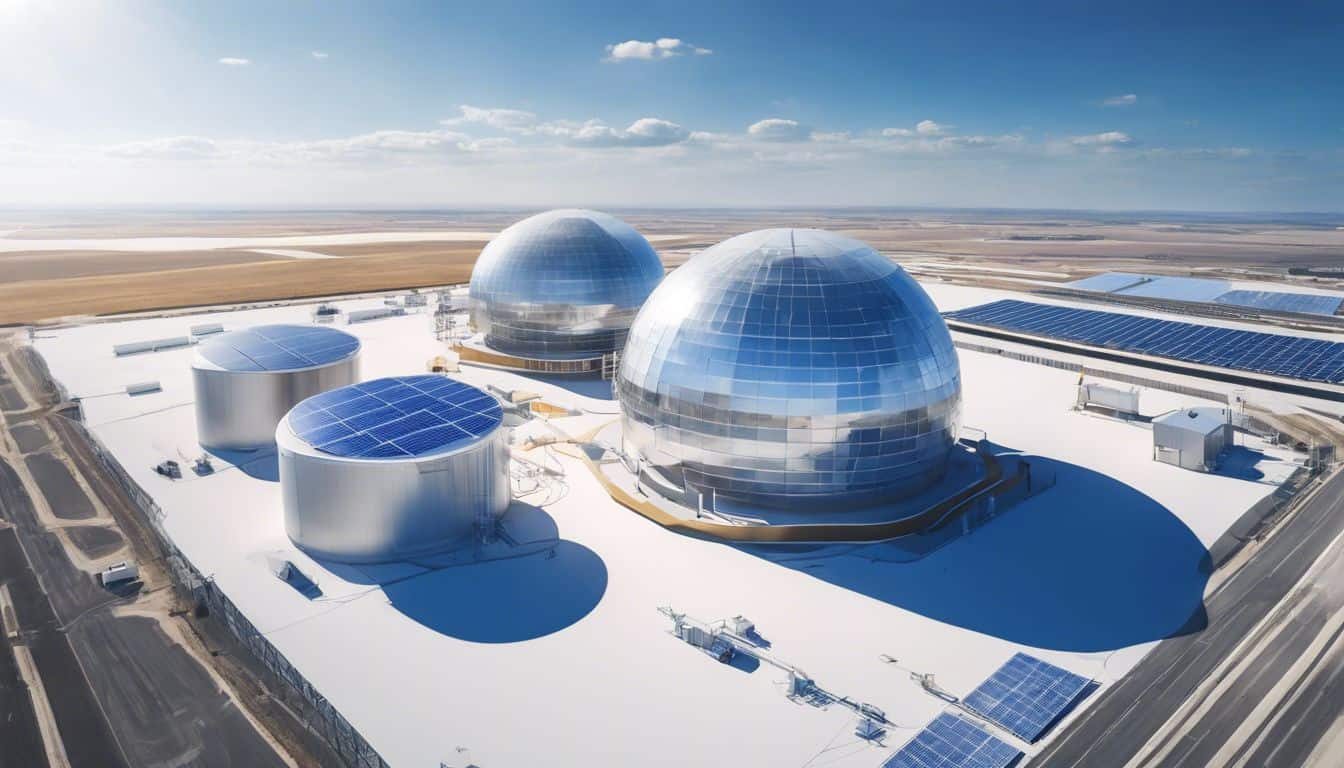 A futuristic CSP facility with workers and large-scale machinery in operation.