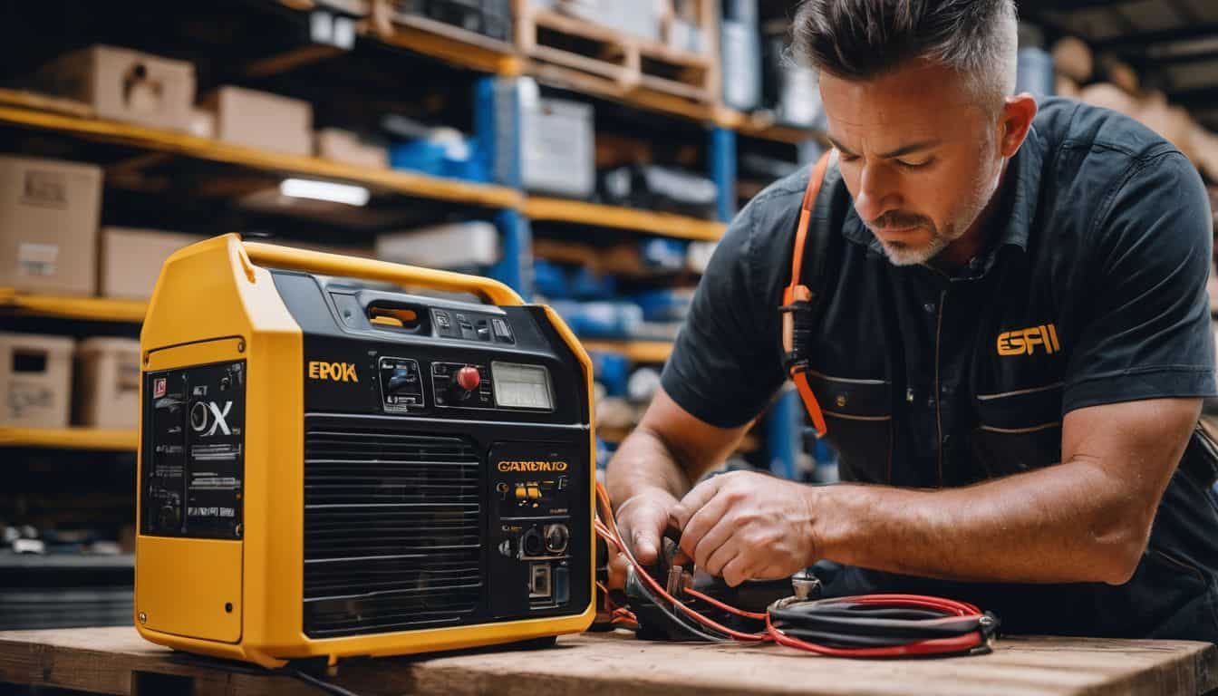 A person conducting maintenance on a portable generator in a workshop.