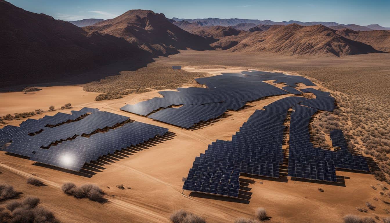 A solar panel array in a desert landscape with various people.