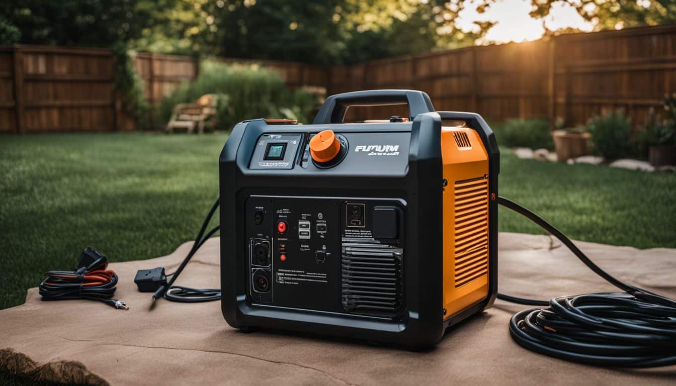 A portable generator running in a backyard with extension cords.