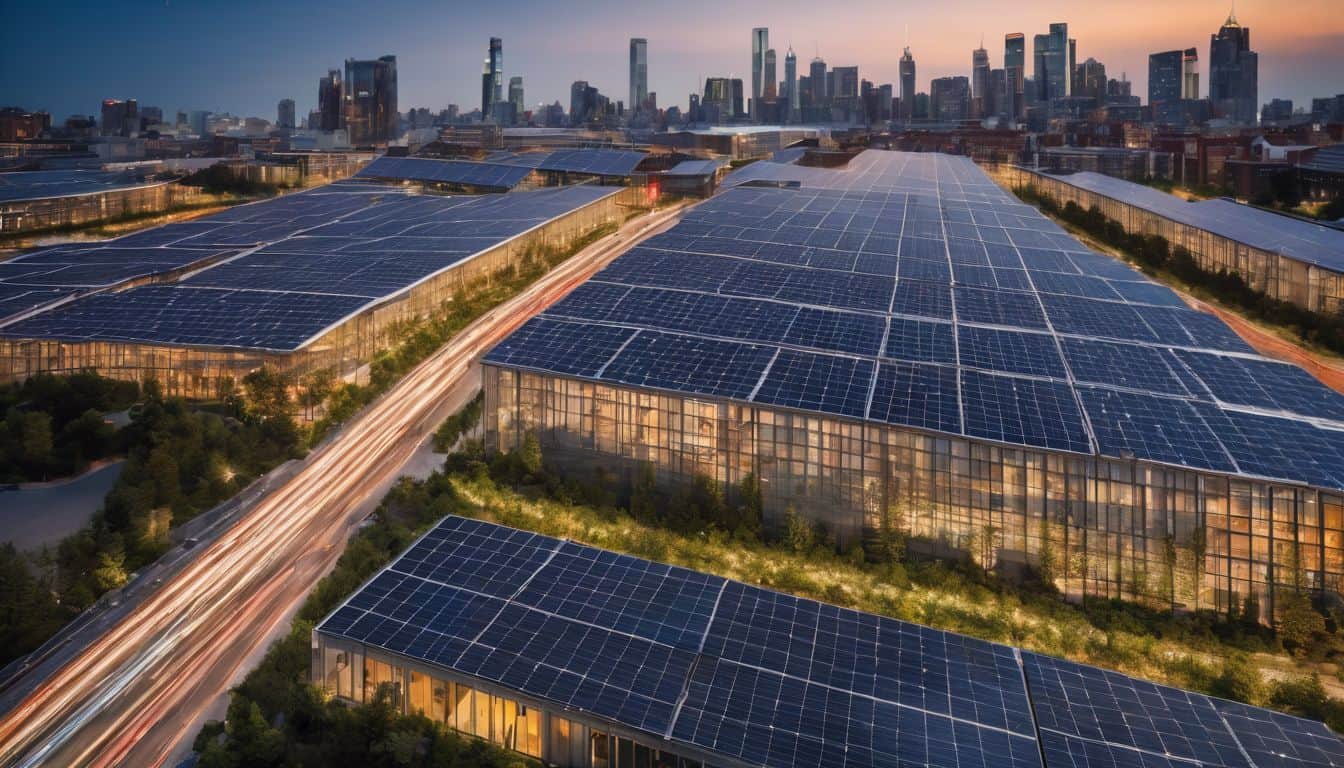 Solar panels seamlessly integrated into a modern, sustainable cityscape environment.