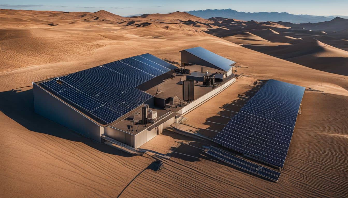 A solar thermal panel system in a desert landscape.