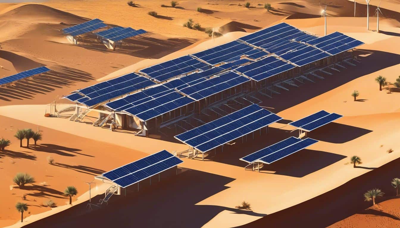 A solar power plant with parabolic troughs in the desert.