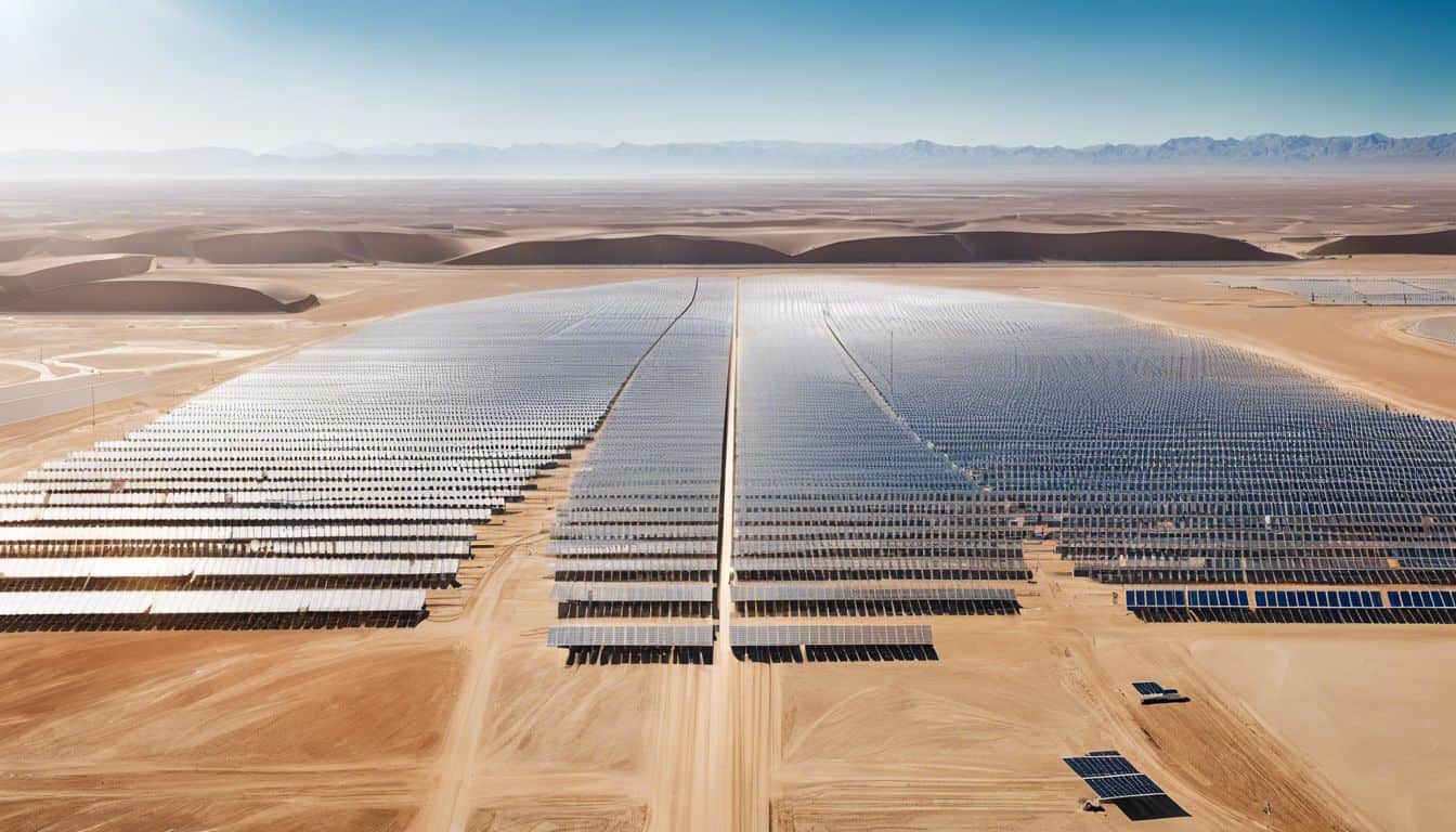 Aerial photo of large Concentrated Solar Power plant in desert.