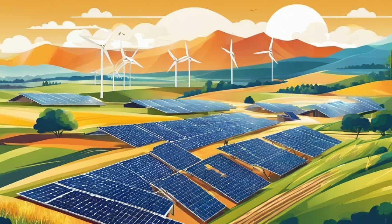 A solar power plant integrated into rural landscape, showcasing renewable energy.