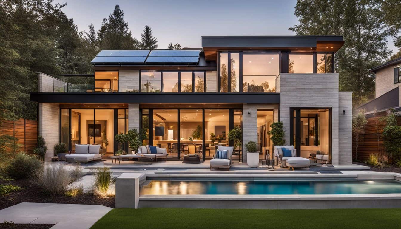 A modern home with integrated residential solar panels.