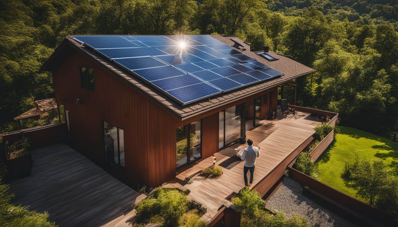 A homeowner admires his solar panels on the roof surrounded by greenery.