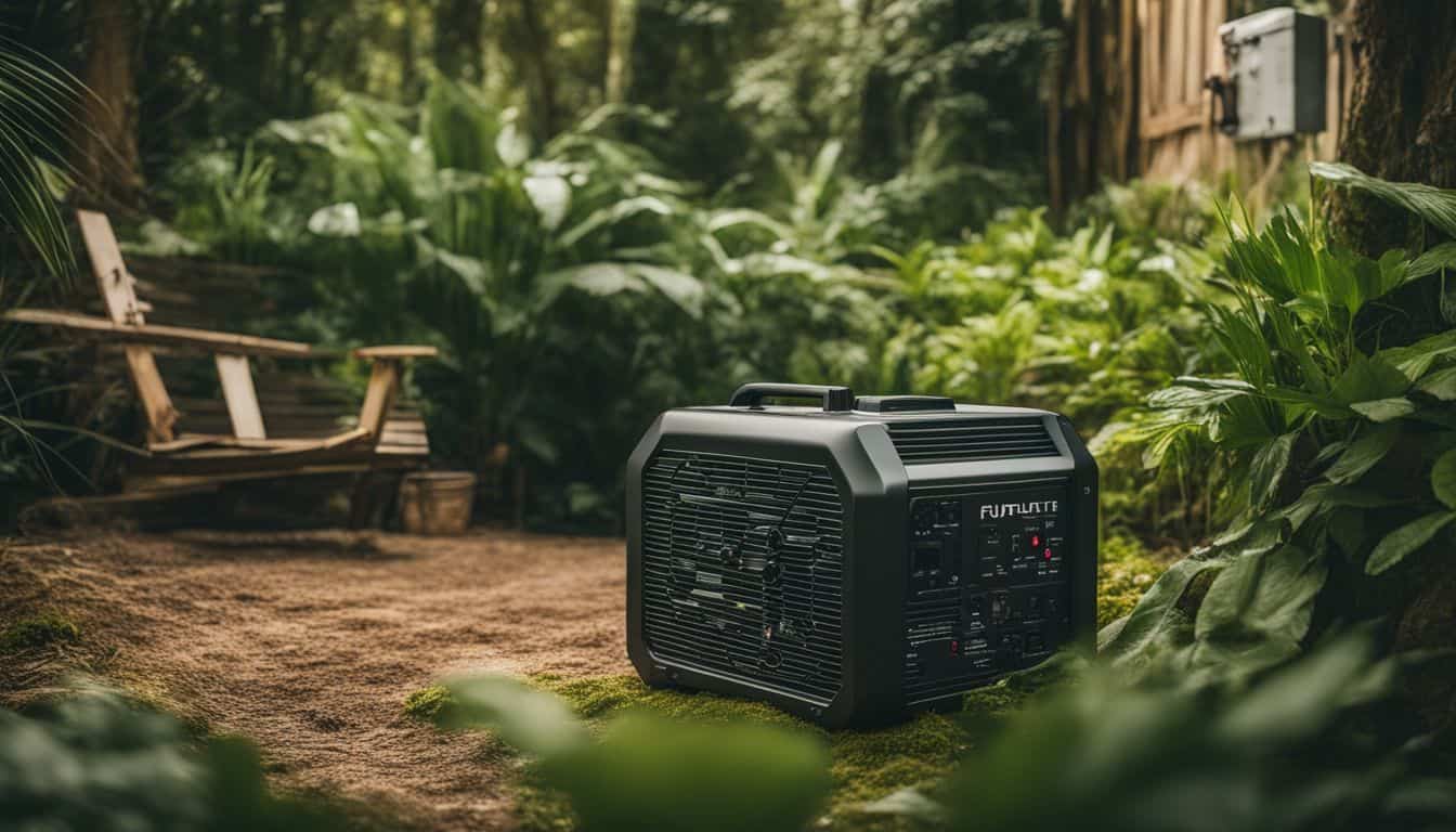 A portable generator surrounded by sustainable energy equipment in lush greenery.