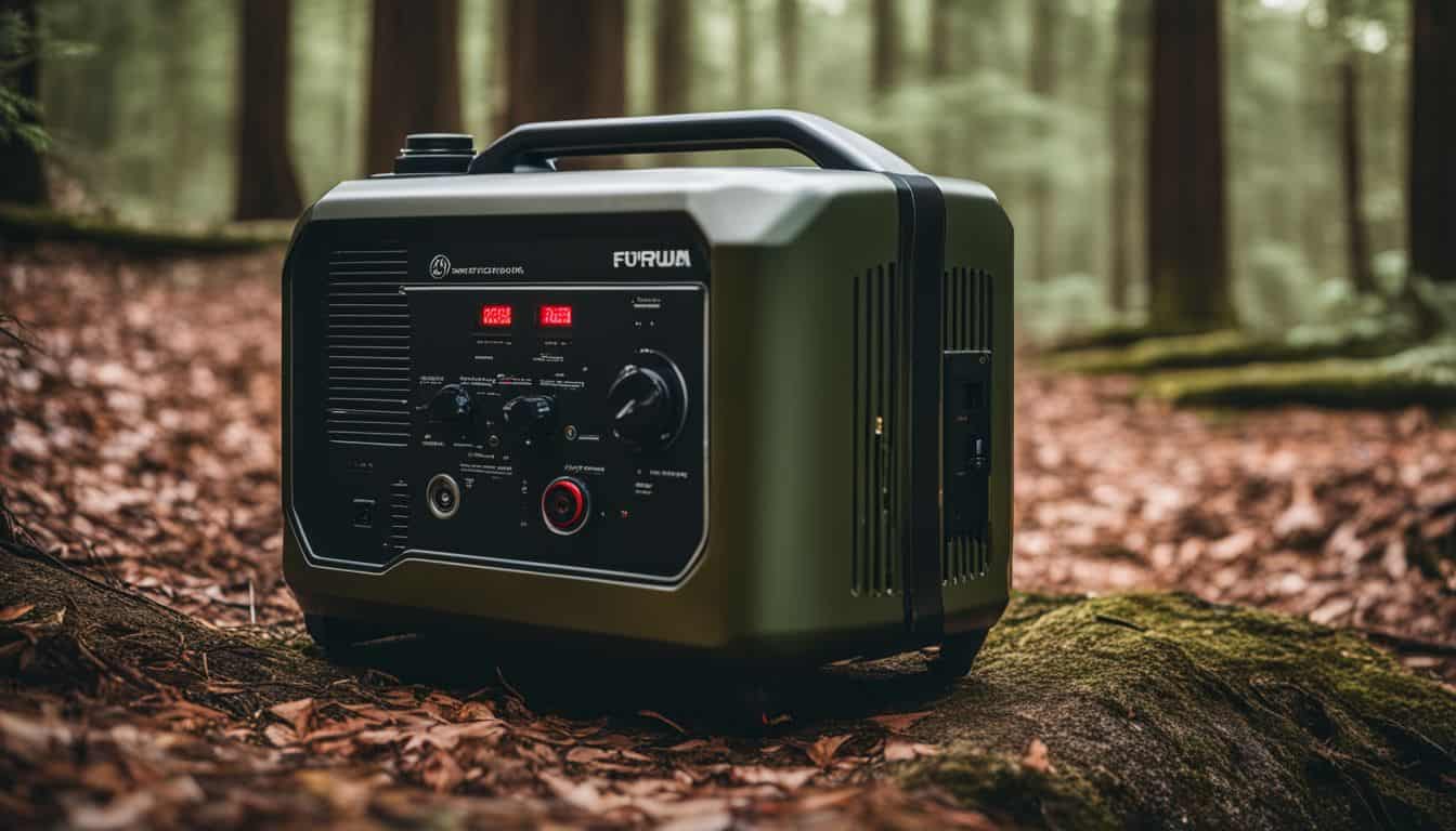 A portable power generator in a serene forest clearing.