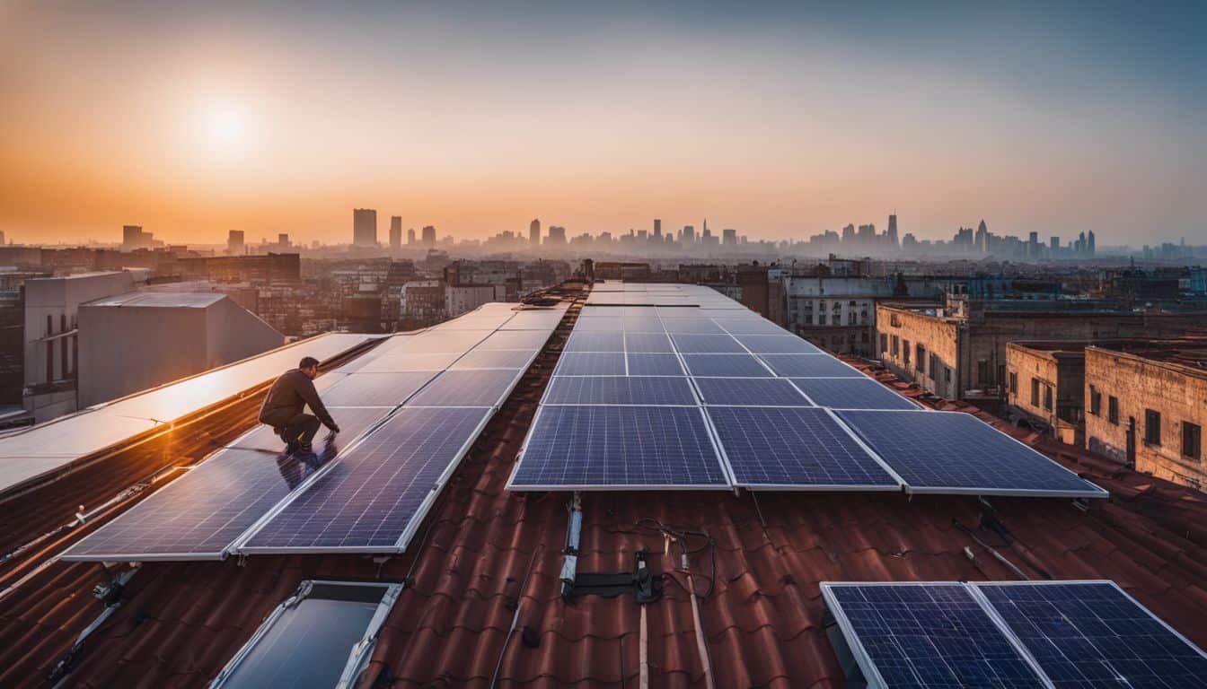 A business owner inspecting solar panels on a city rooftop.