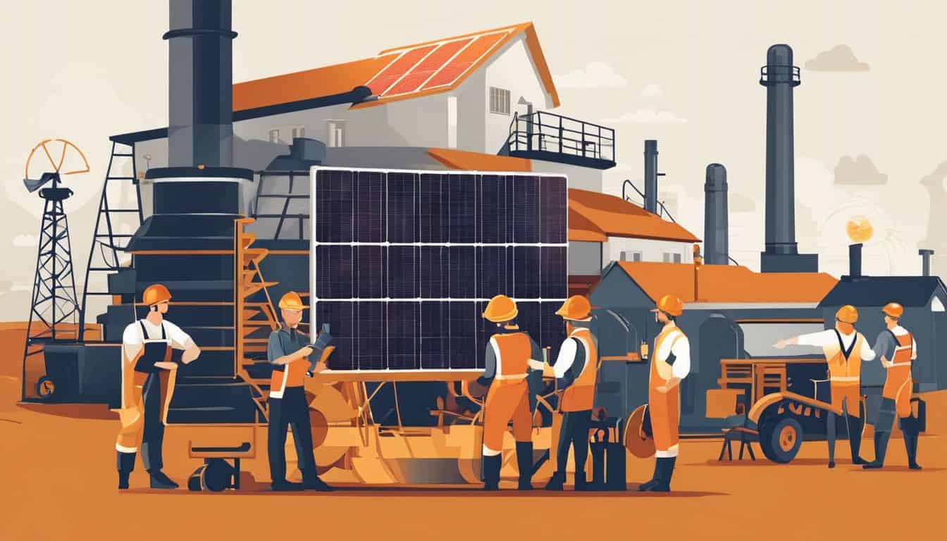 A vintage solar power plant with workers in historical attire.