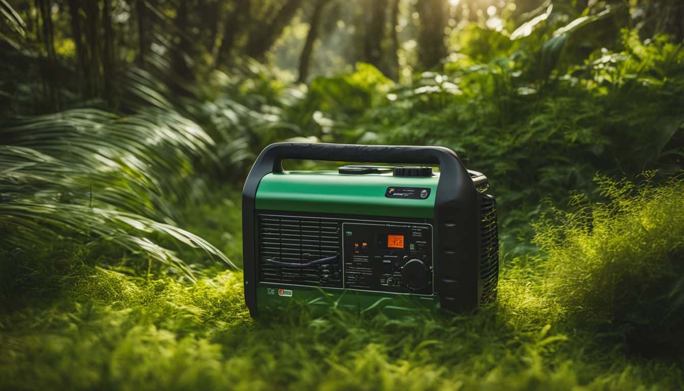 A portable generator set in a lush, green environment.