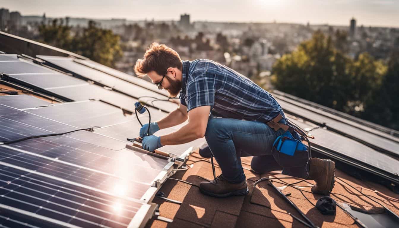 A technician cleaning solar panels on a sunny rooftop in a busy city.