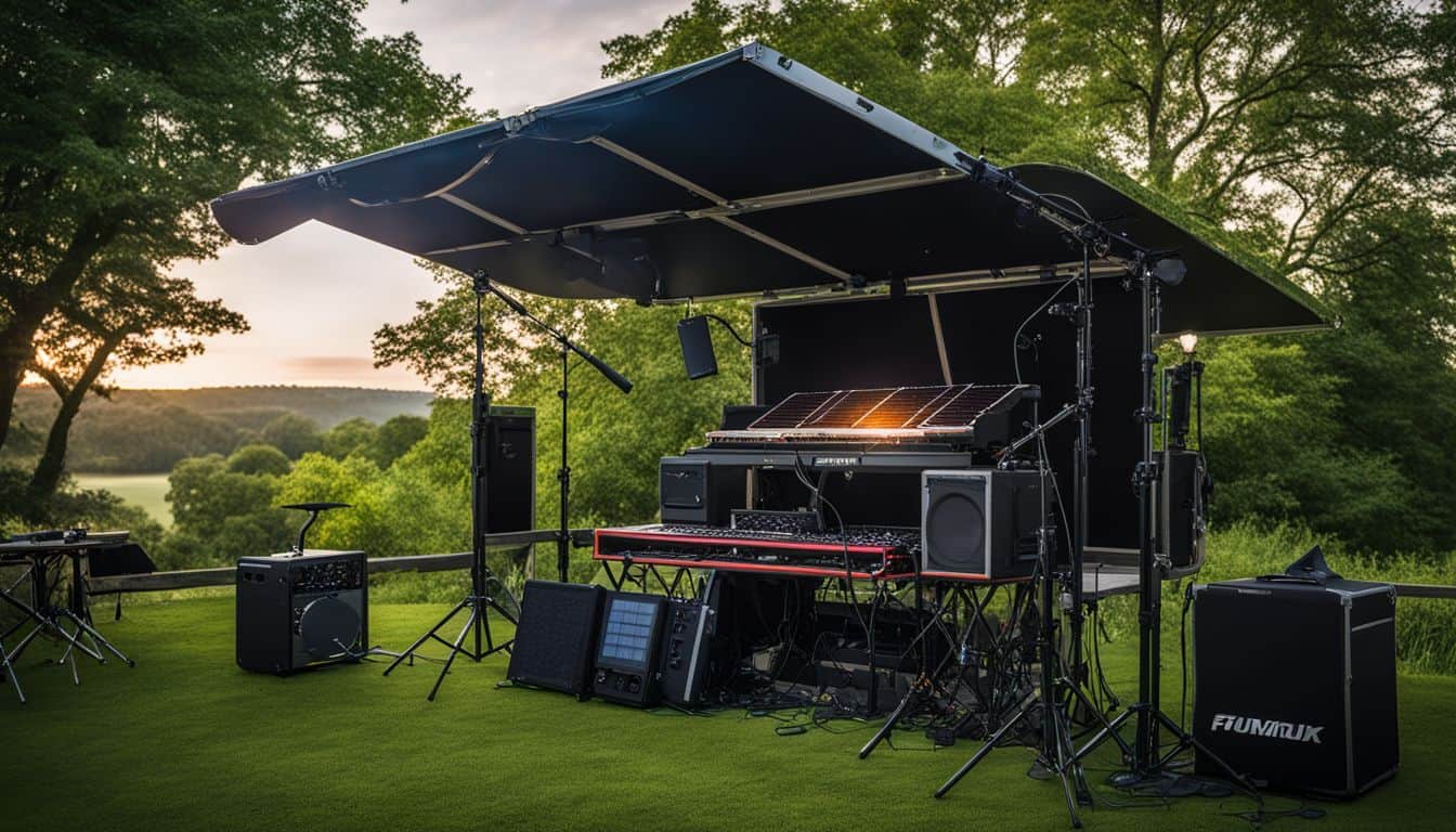 A solar generator powers outdoor concert equipment in a lush green venue.
