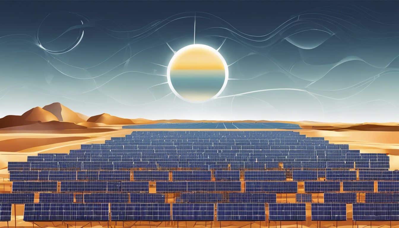 A massive solar power plant in a desert landscape with rows of reflective mirrors.