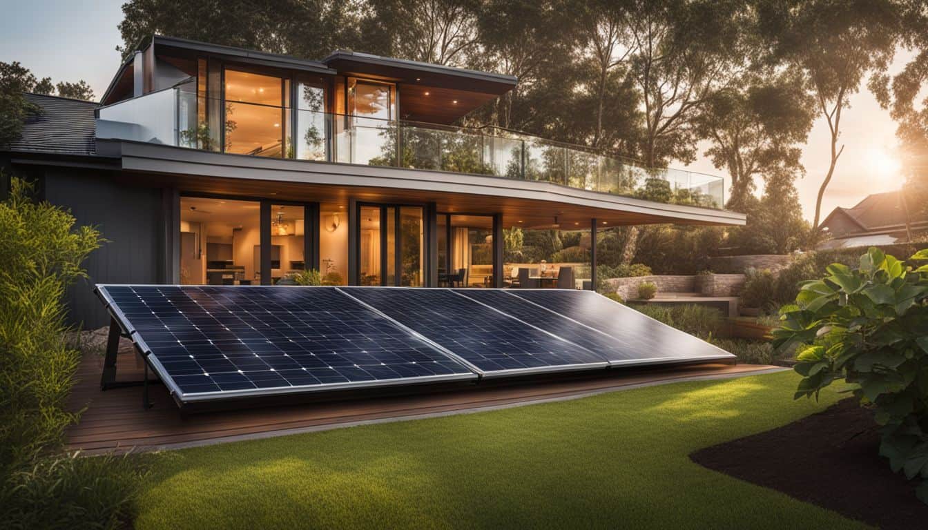 Solar heating panels on an eco-friendly home surrounded by lush greenery.