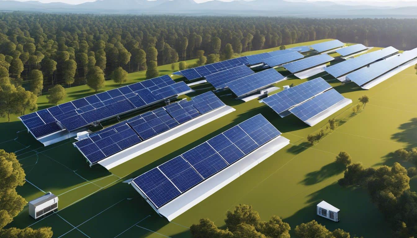 A large field of solar panels with energy storage units in flat design style.