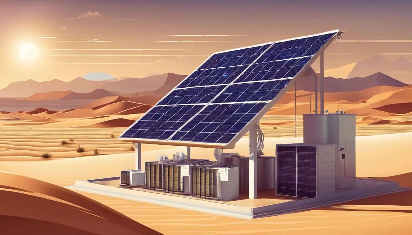 A solar power plant in a desert using air-cooling technology.
