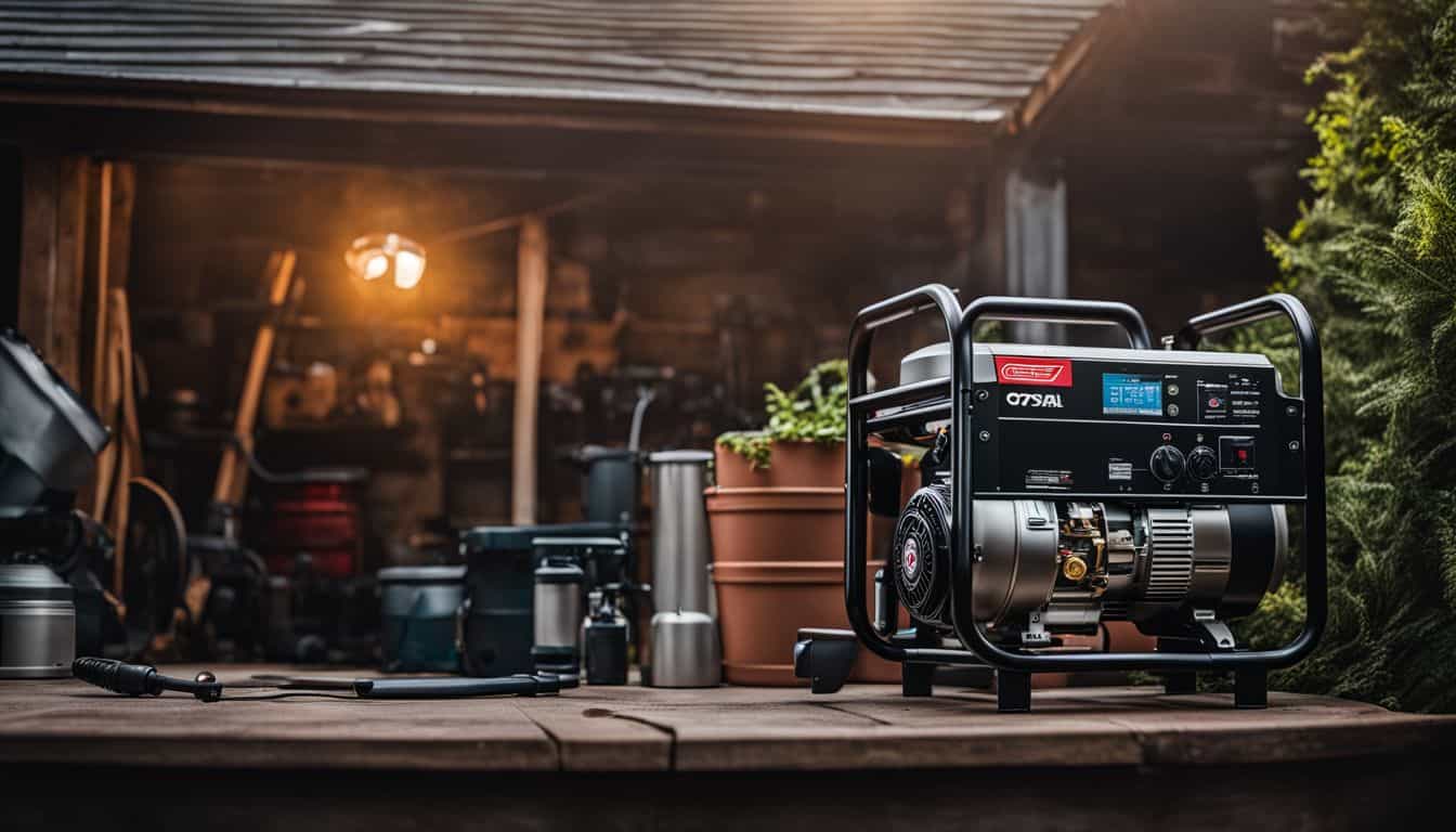 A photo of an open portable generator with tools in a garage.