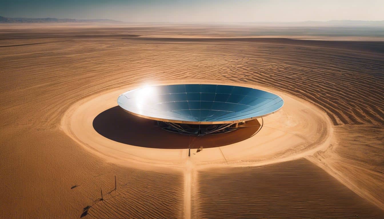 A large parabolic solar collector in a desert landscape.