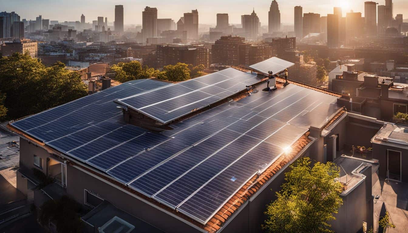 A rooftop solar panel installation in a bustling cityscape.