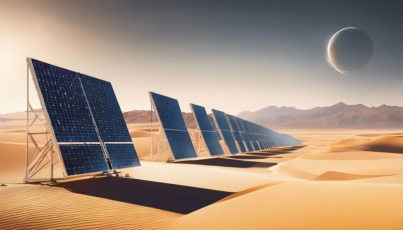 'Rows of heliostats reflect sunlight onto a central desert tower.'