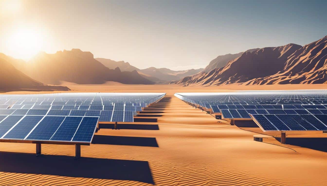 A solar power plant with rows of mirrors in a desert landscape.