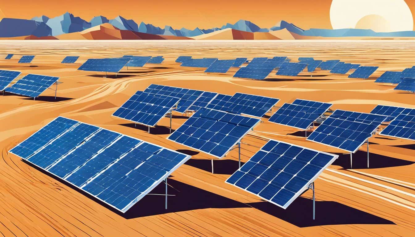A large solar panel field in the desert against a clear blue sky.
