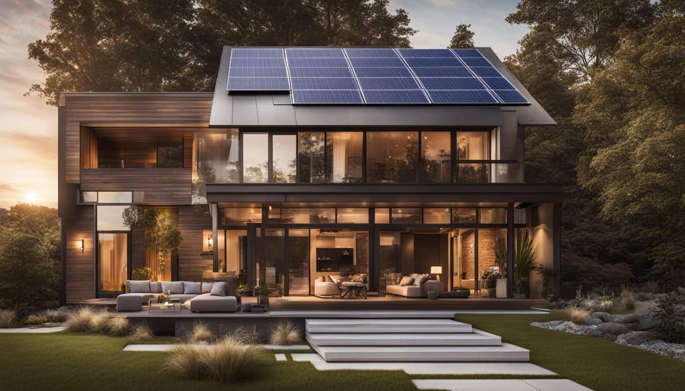 A modern energy-efficient home with solar panels and radiant floor heating.