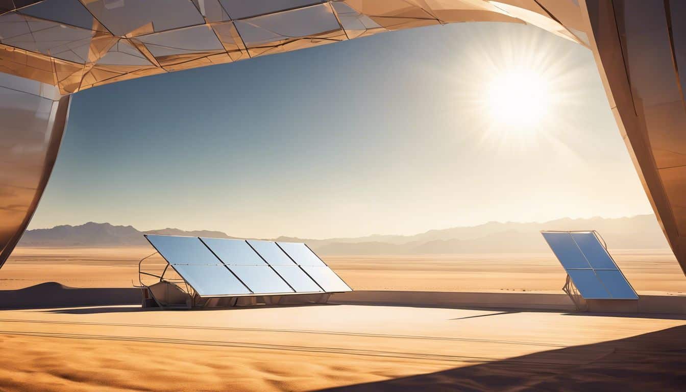 A CSP facility with massive mirrors reflecting the sun's rays in a desert landscape.