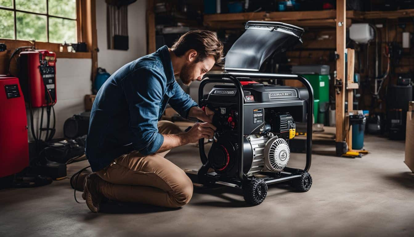 A person starting a generator in a clean, organized garage.