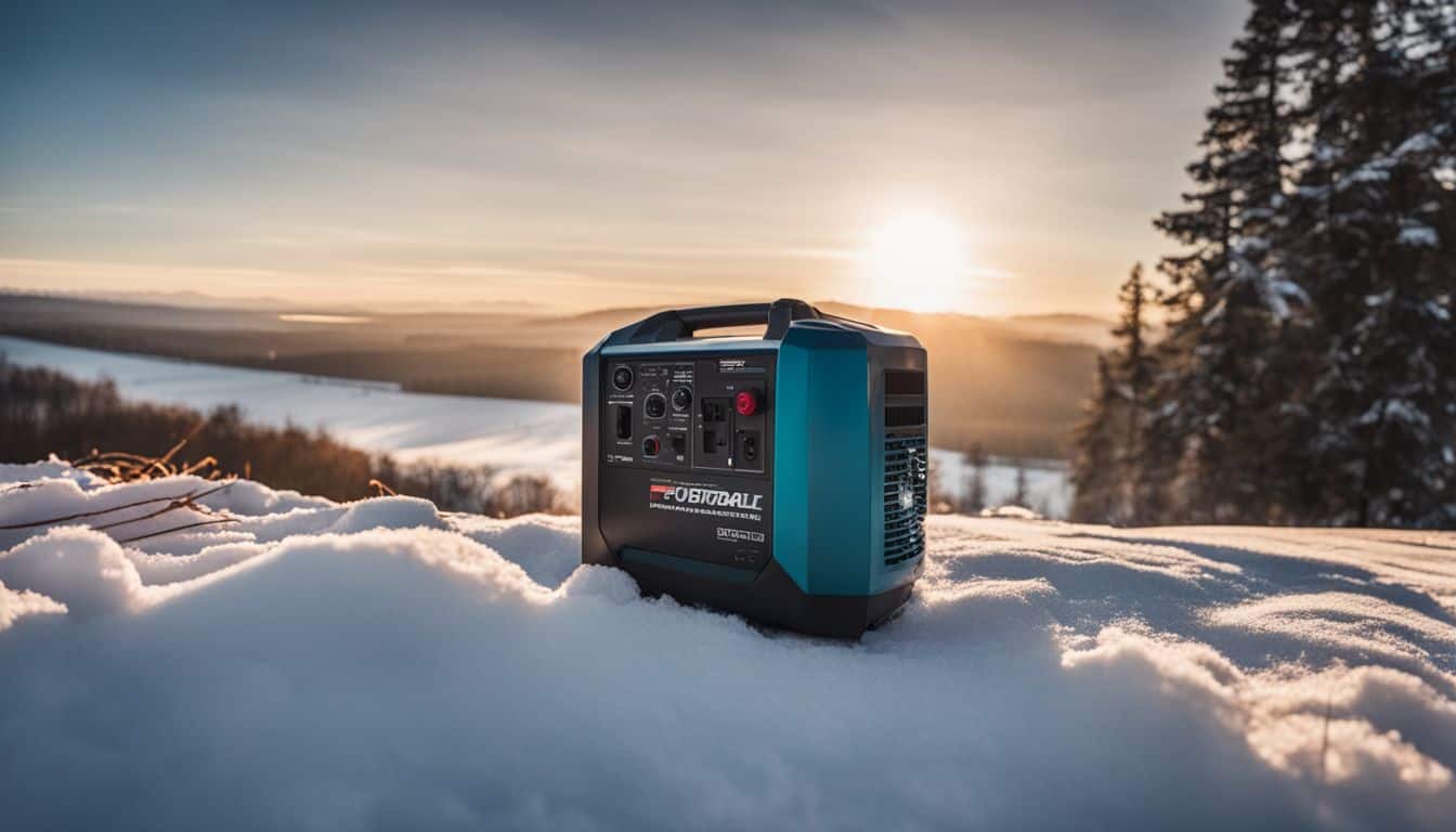 A portable generator covered in snow in a winter landscape.