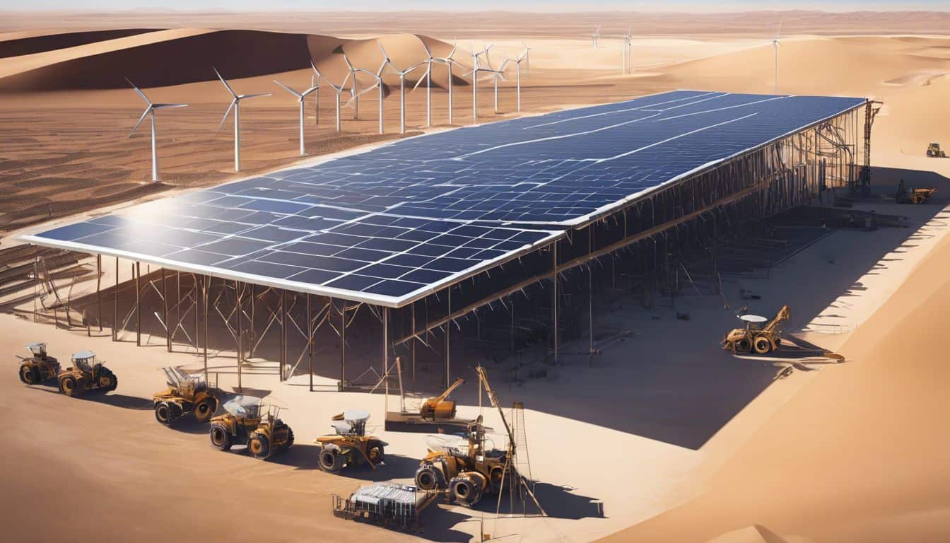 A solar power plant being built in a vast desert landscape.