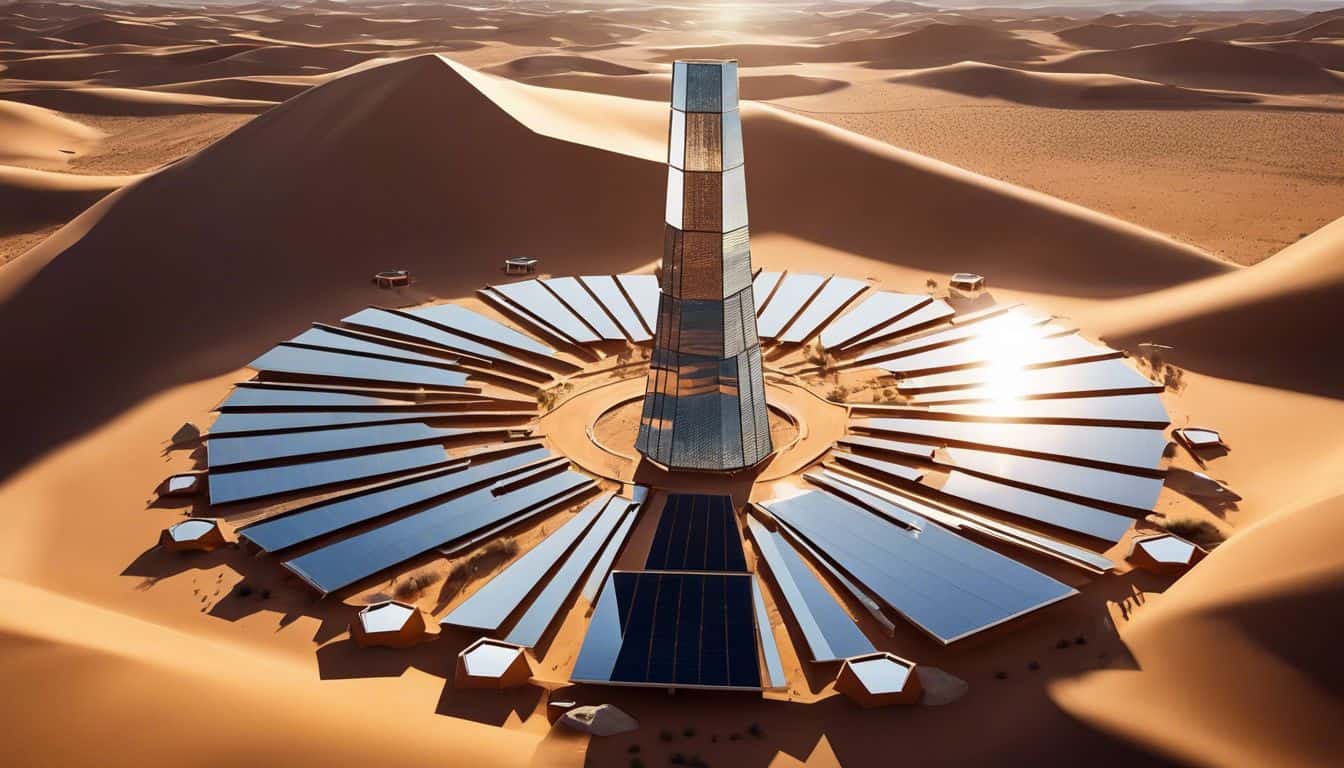 A solar tower surrounded by mirrors in the desert, emphasizing precision.